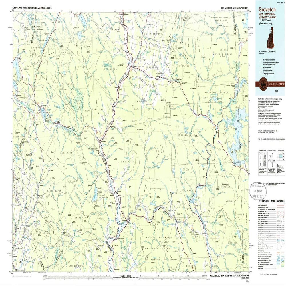 YellowMaps Groveton NH topo map, 1:100000 Scale, 30 X 60 Minute, Historical, 1986, Updated 1986, 24.1 x 37.8 in - Tyvek