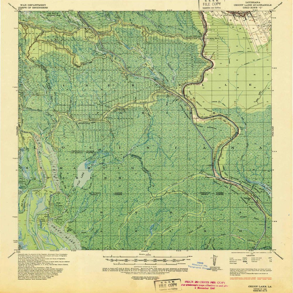 YellowMaps Chicot Lake LA topo map, 1:62500 Scale, 15 X 15 Minute, Historical, 1935, Updated 1938, 21.4 x 17.5 in - Tyvek