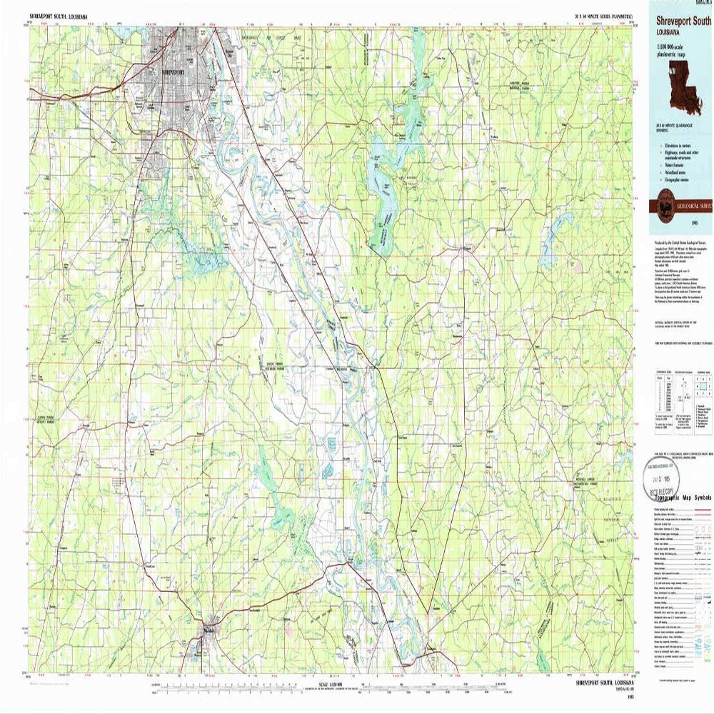 YellowMaps Shreveport South LA topo map, 1:100000 Scale, 30 X 60 Minute, Historical, 1985, Updated 1985, 24.1 x 43.9 in - Tyvek