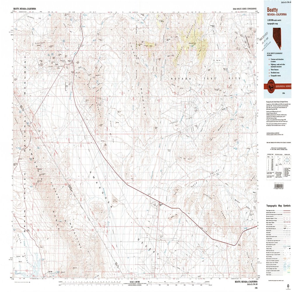 YellowMaps Beatty NV topo map, 1:100000 Scale, 30 X 60 Minute, Historical, 1986, Updated 1986, 24.1 x 42.1 in - Polypropylene