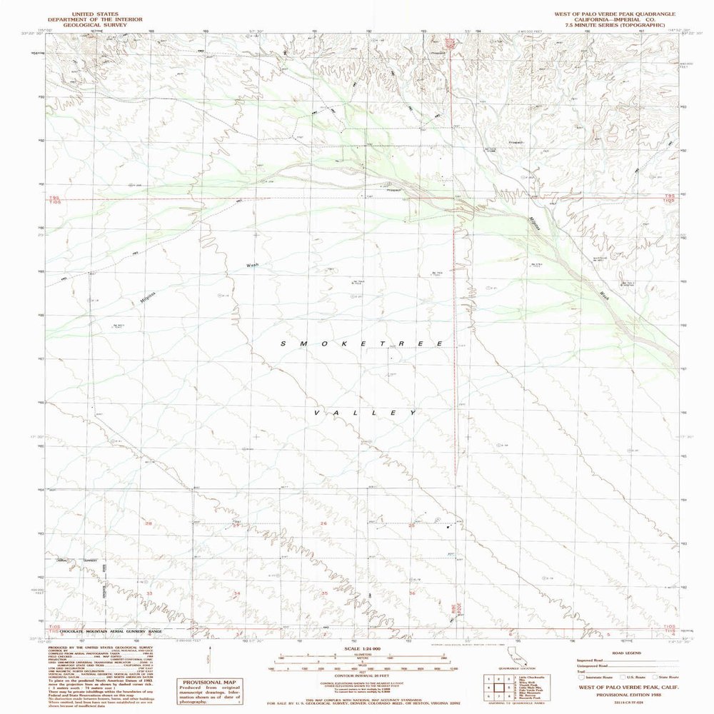West of Palo Verde Peak CA topo map, 1:24000 Scale, 7.5 X 7.5 Minute, Historical, 1988, Updated 1988, 26.8 x 21.5 in - Polypropylene
