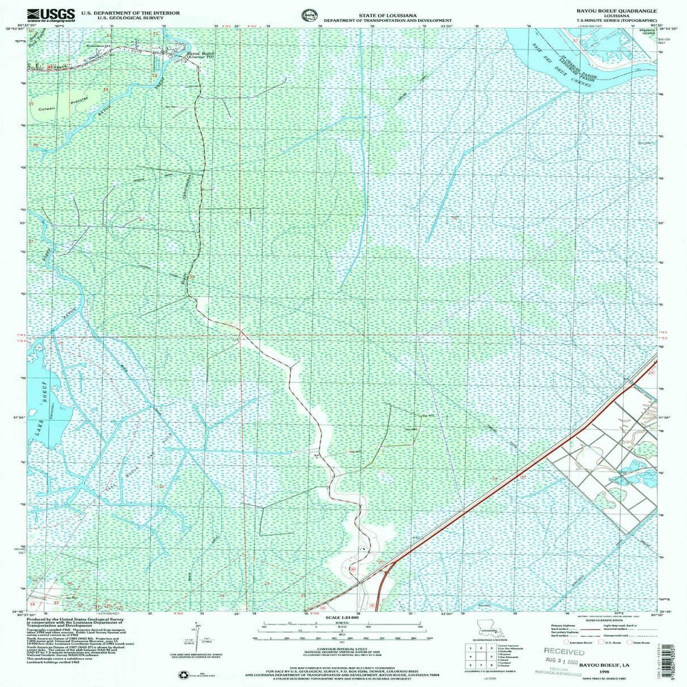 YellowMaps Bayou Boeuf LA topo map, 1:24000 Scale, 7.5 X 7.5 Minute, Historical, 1998, Updated 2000, 26.8 x 21.6 in - Polypropylene