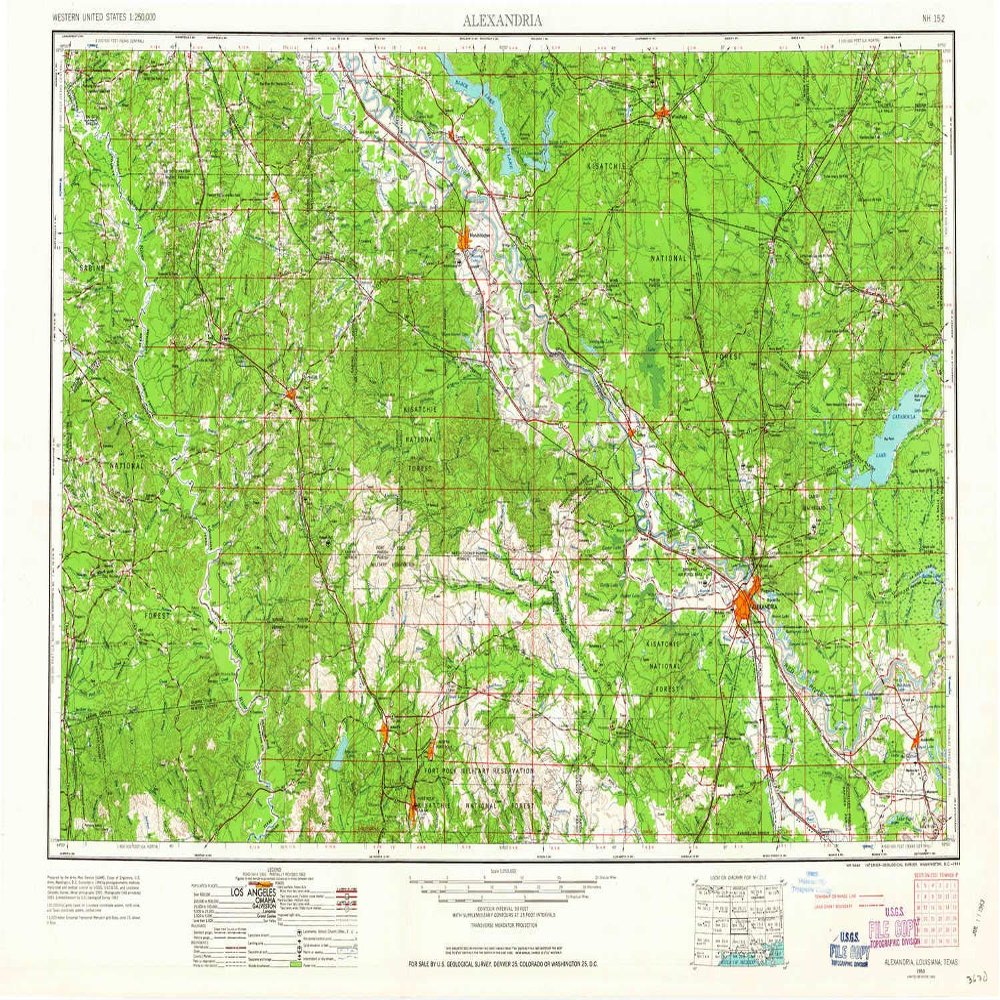 YellowMaps Alexandria LA topo map, 1:250000 Scale, 1 X 2 Degree, Historical, 1953, Updated 1963, 22.1 x 33.9 in - Polypropylene