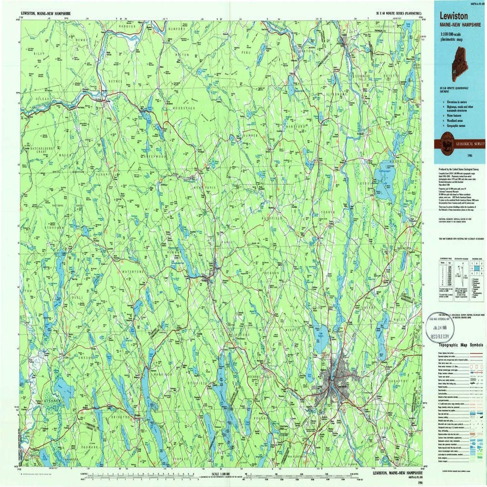 YellowMaps Lewiston ME topo map, 1:100000 Scale, 30 X 60 Minute, Historical, 1986, Updated 1986, 23.9 x 38.1 in - Tyvek