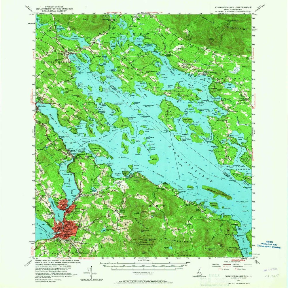 YellowMaps Winnipesaukee NH topo map, 1:62500 Scale, 15 X 15 Minute, Historical, 1956, Updated 1965, 20.8 x 17 in - Tyvek