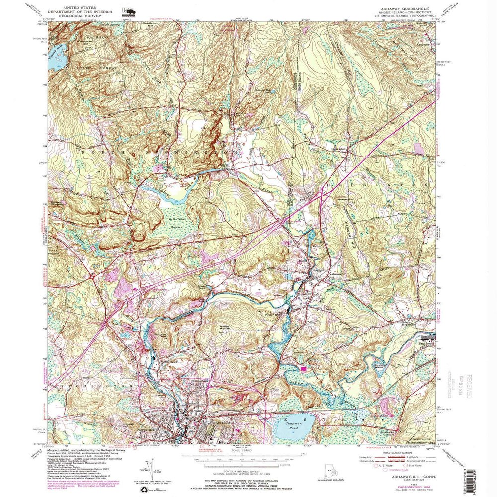 YellowMaps Ashaway RI topo map, 1:24000 Scale, 7.5 X 7.5 Minute, Historical, 1984, Updated 1985, 26.8 x 22 in - Polypropylene
