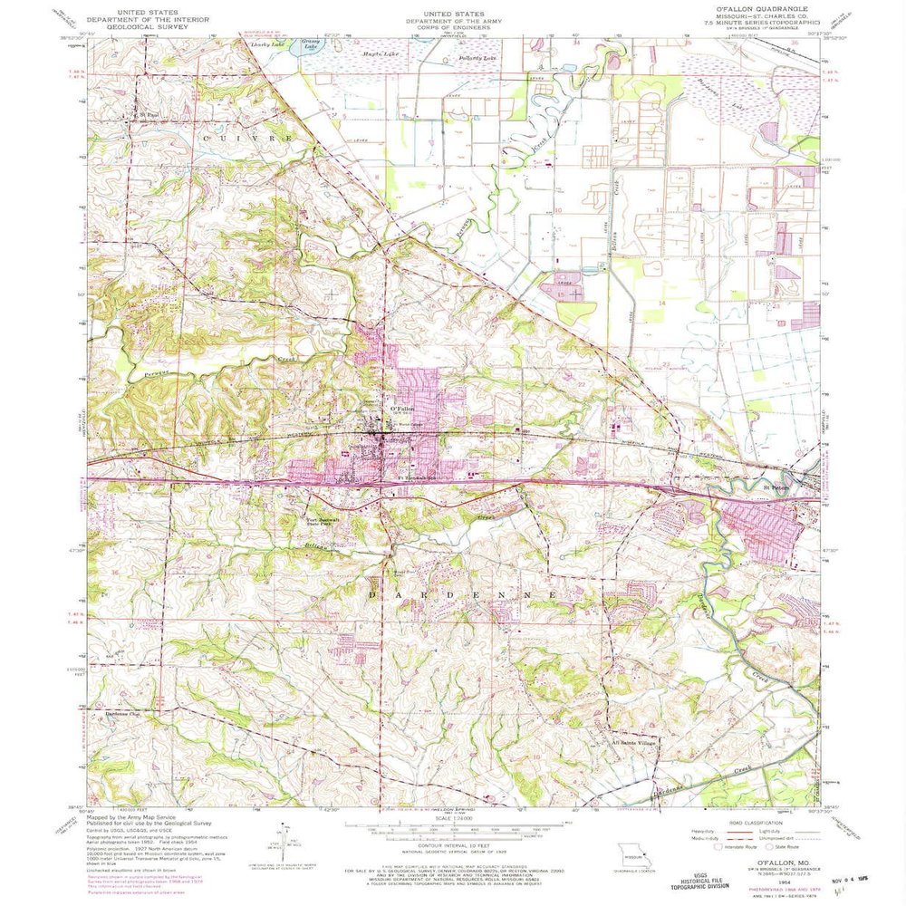 O Fallon MO topo map, 1:24000 Scale, 7.5 X 7.5 Minute, Historical, 1954, Updated 1975, 26.8 x 22 in - Tyvek