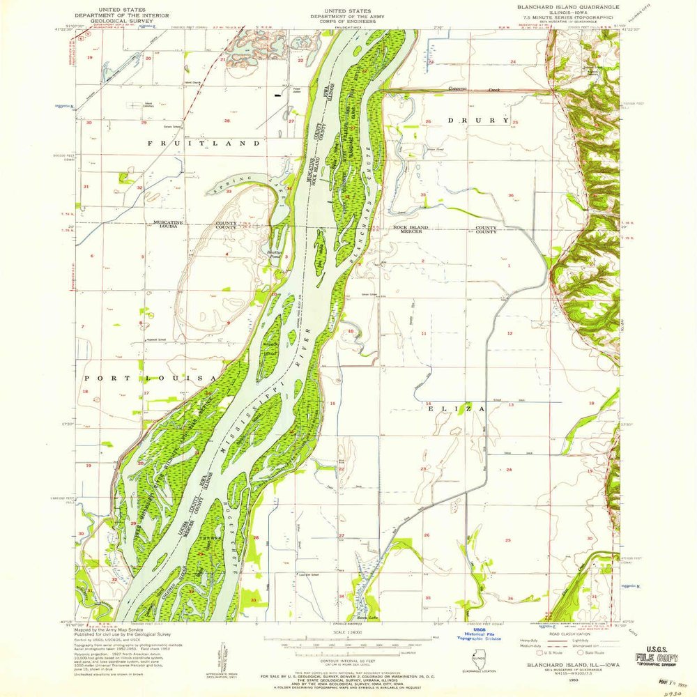 YellowMaps Blanchard Island IL topo map, 1:24000 Scale, 7.5 X 7.5 Minute, Historical, 1953, Updated 1958, 26.8 x 22 in - Polypropylene