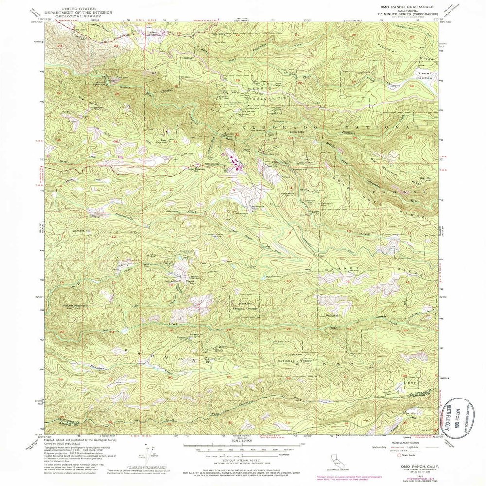 YellowMaps OMO Ranch CA topo map, 1:24000 Scale, 7.5 X 7.5 Minute, Historical, 1952, Updated 1986, 26.8 x 22 in - Polypropylene