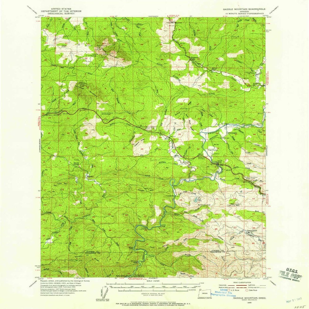 YellowMaps Saddle Mountain OR topo map, 1:62500 Scale, 15 X 15 Minute, Historical, 1955, Updated 1957, 20.8 x 16.8 in - Tyvek