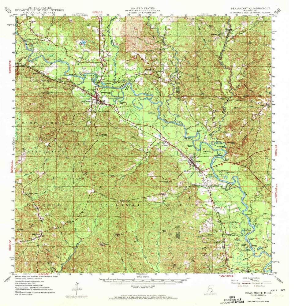 YellowMaps Beaumont MS topo map, 1:62500 Scale, 15 X 15 Minute, Historical, 1947, Updated 1972, 20.8 x 17.9 in - Tyvek
