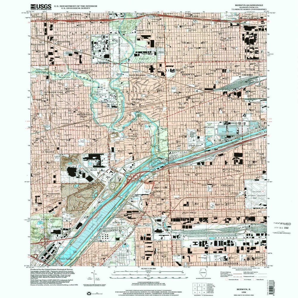 YellowMaps Berwyn IL topo map, 1:24000 Scale, 7.5 X 7.5 Minute, Historical, 1998, Updated 2002, 26.8 x 21.5 in - Polypropylene