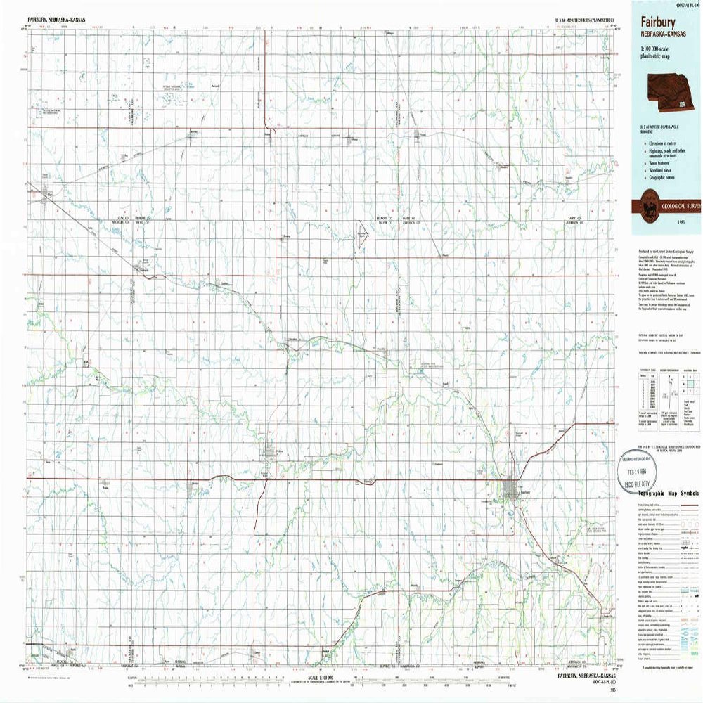 YellowMaps Fairbury NE topo map, 1:100000 Scale, 30 X 60 Minute, Historical, 1985, Updated 1985, 24.1 x 40.1 in - Polypropylene