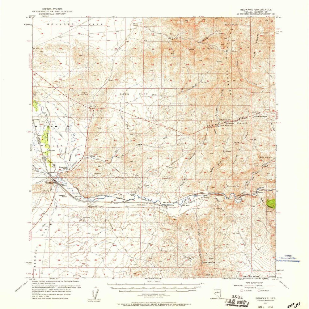 YellowMaps Beowawe NV topo map, 1:62500 Scale, 15 X 15 Minute, Historical, 1957, Updated 1958, 20.8 x 16.9 in - Polypropylene