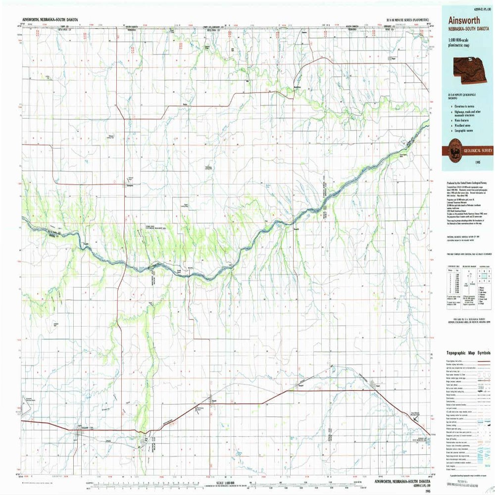 YellowMaps Ainsworth NE topo map, 1:100000 Scale, 30 X 60 Minute, Historical, 1985, Updated 1985, 24.1 x 39.1 in - Polypropylene