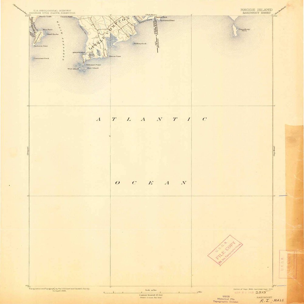 YellowMaps Sakonnet RI topo map, 1:62500 Scale, 15 X 15 Minute, Historical, 1893, Updated 1913, 19.7 x 16.5 in - Polypropylene