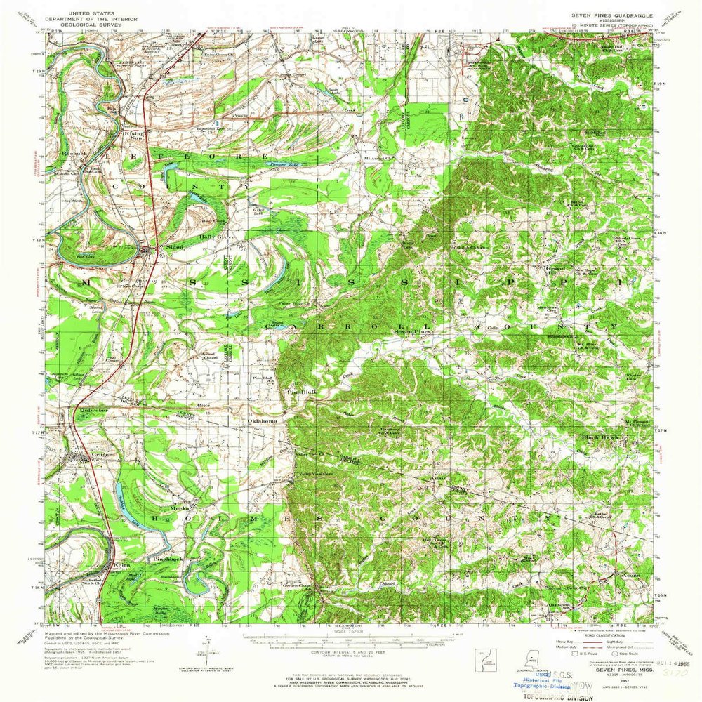 YellowMaps Seven Pines MS topo map, 1:62500 Scale, 15 X 15 Minute, Historical, 1957, Updated 1965, 20.8 x 16.9 in - Tyvek