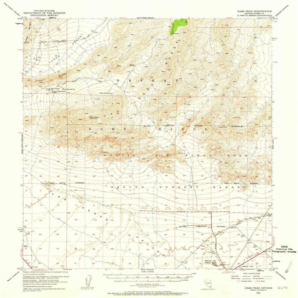 YellowMaps Gass Peak NV topo map, 1:62500 Scale, 15 X 15 Minute, Historical, 1952, Updated 1962, 20.8 x 16.9 in - Tyvek
