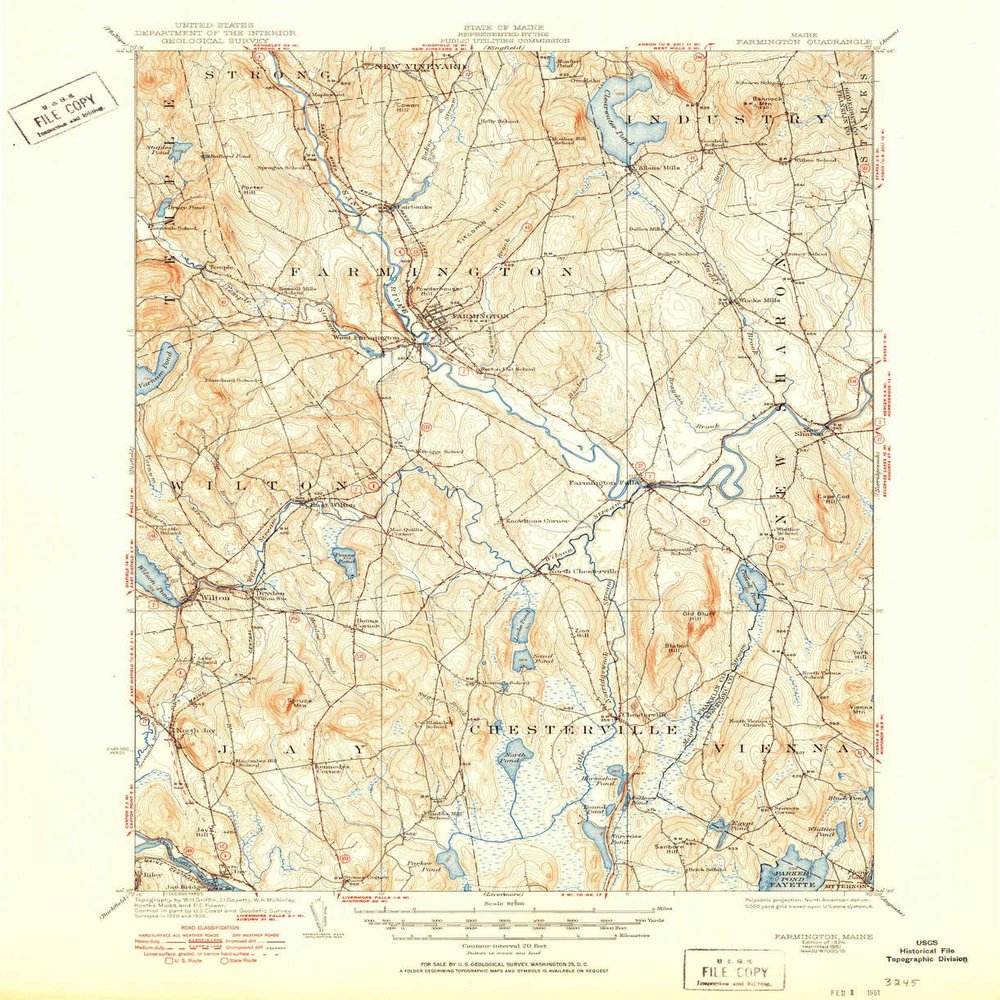 YellowMaps Farmington ME topo map, 1:62500 Scale, 15 X 15 Minute, Historical, 1924, Updated 1951, 20.8 x 17 in - Polypropylene