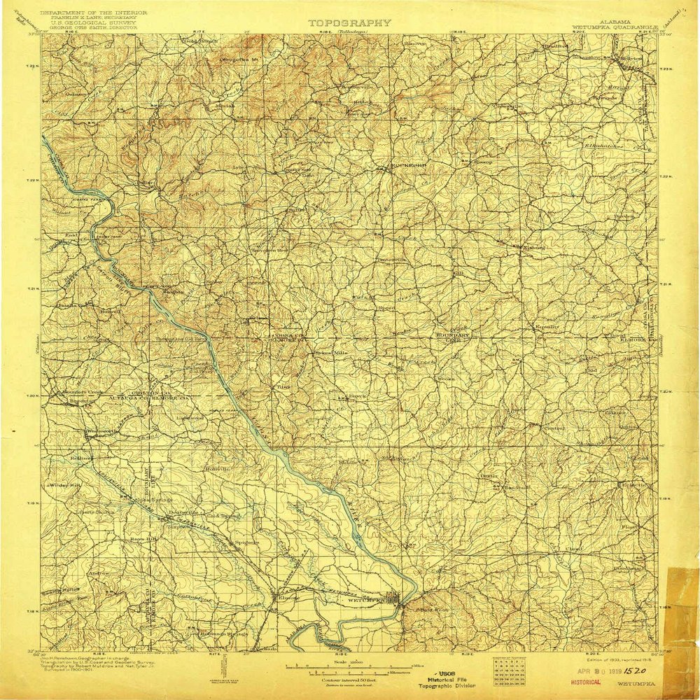 YellowMaps Wetumpka AL topo map, 1:125000 Scale, 30 X 30 Minute, Historical, 1903, Updated 1918, 19.8 x 16.8 in - Polypropylene