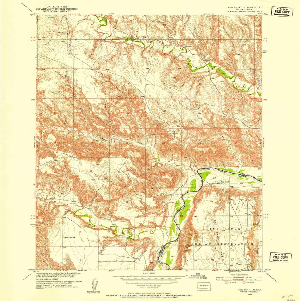 YellowMaps Red Shirt SD topo map, 1:24000 Scale, 7.5 X 7.5 Minute, Historical, 1951, Updated 1952, 26.9 x 22 in - Polypropylene