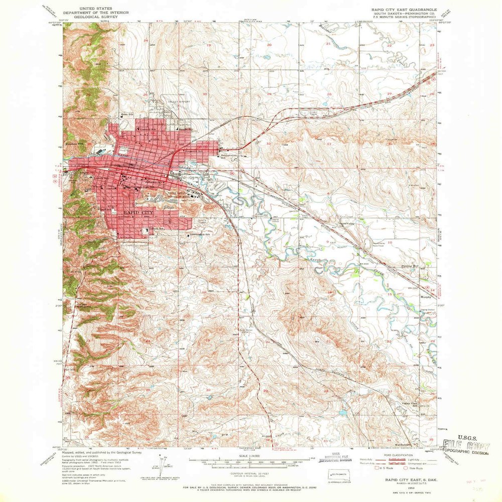 YellowMaps Rapid City East SD topo map, 1:24000 Scale, 7.5 X 7.5 Minute, Historical, 1953, Updated 1968, 27 x 22.1 in - Tyvek