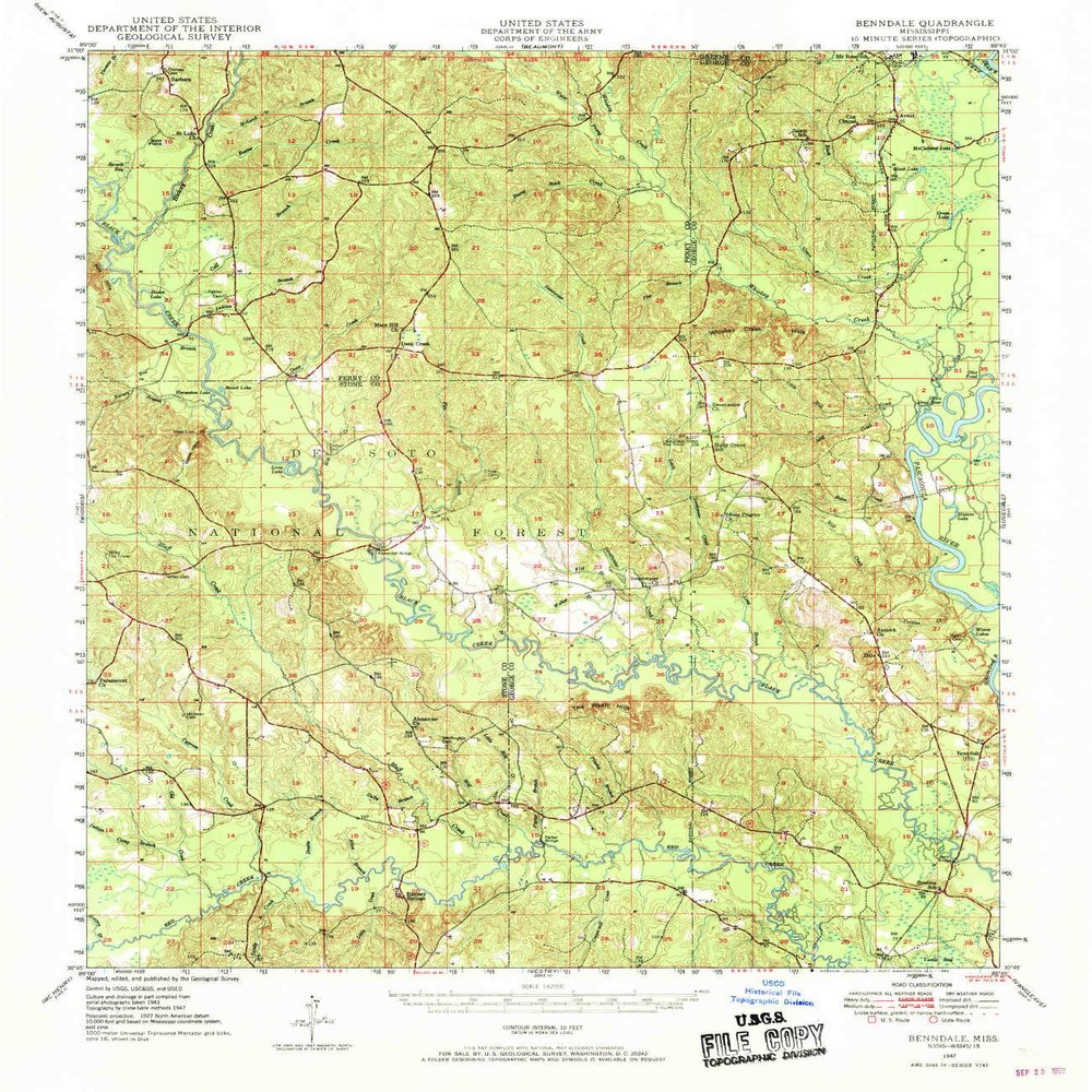 YellowMaps Benndale MS topo map, 1:62500 Scale, 15 X 15 Minute, Historical, 1947, Updated 1969, 20.8 x 18 in - Tyvek