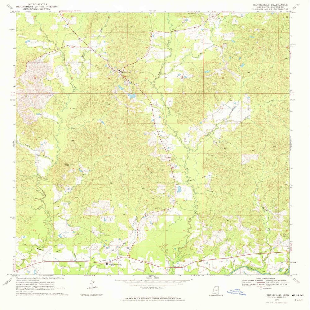 YellowMaps Harrisville MS topo map, 1:24000 Scale, 7.5 X 7.5 Minute, Historical, 1970, Updated 1972, 26.9 x 22 in - Polypropylene