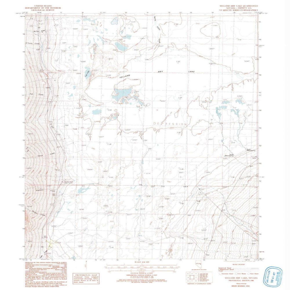 Yelland Dry Lake NV topo map, 1:24000 Scale, 7.5 X 7.5 Minute, Historical, 1986, Updated 1993, 26.9 x 22 in - Polypropylene