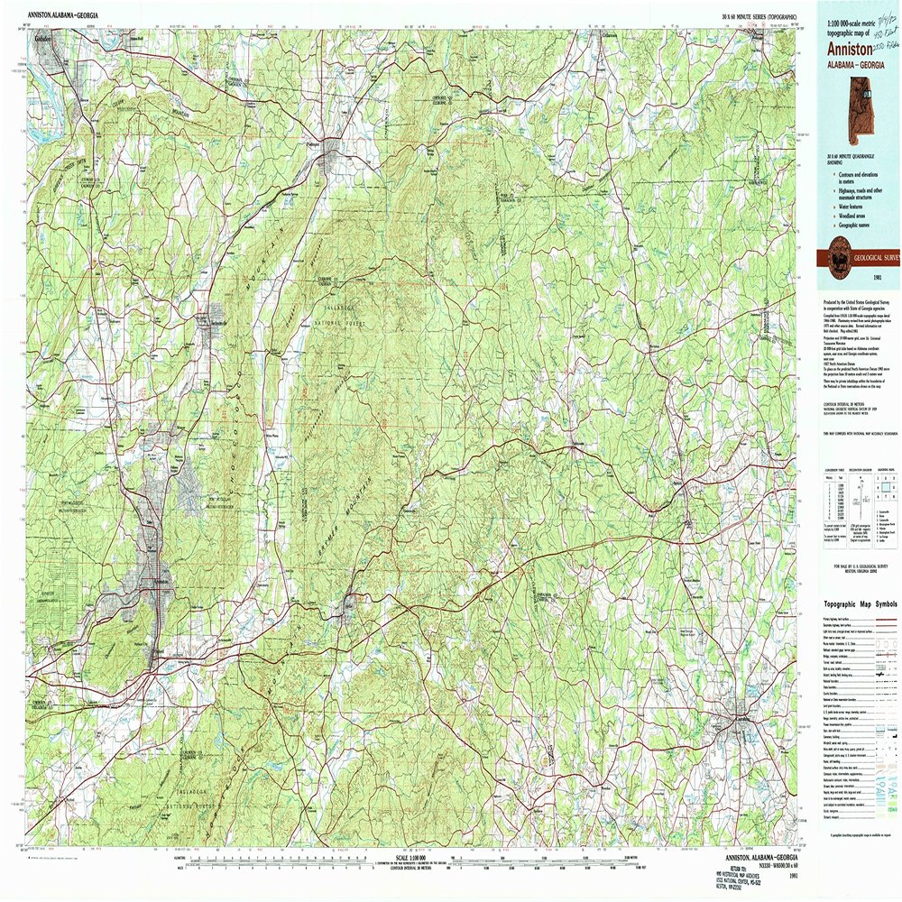 YellowMaps Anniston AL topo map, 1:100000 Scale, 30 X 60 Minute, Historical, 1981, Updated 1982, 24.1 x 42.7 in - Polypropylene