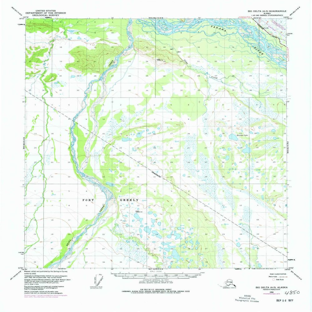 YellowMaps Big Delta A 5 AK topo map, 1:63360 Scale, 15 X 15 Minute, Historical, 1950, Updated 1977, 21.7 x 18 in - Polypropylene