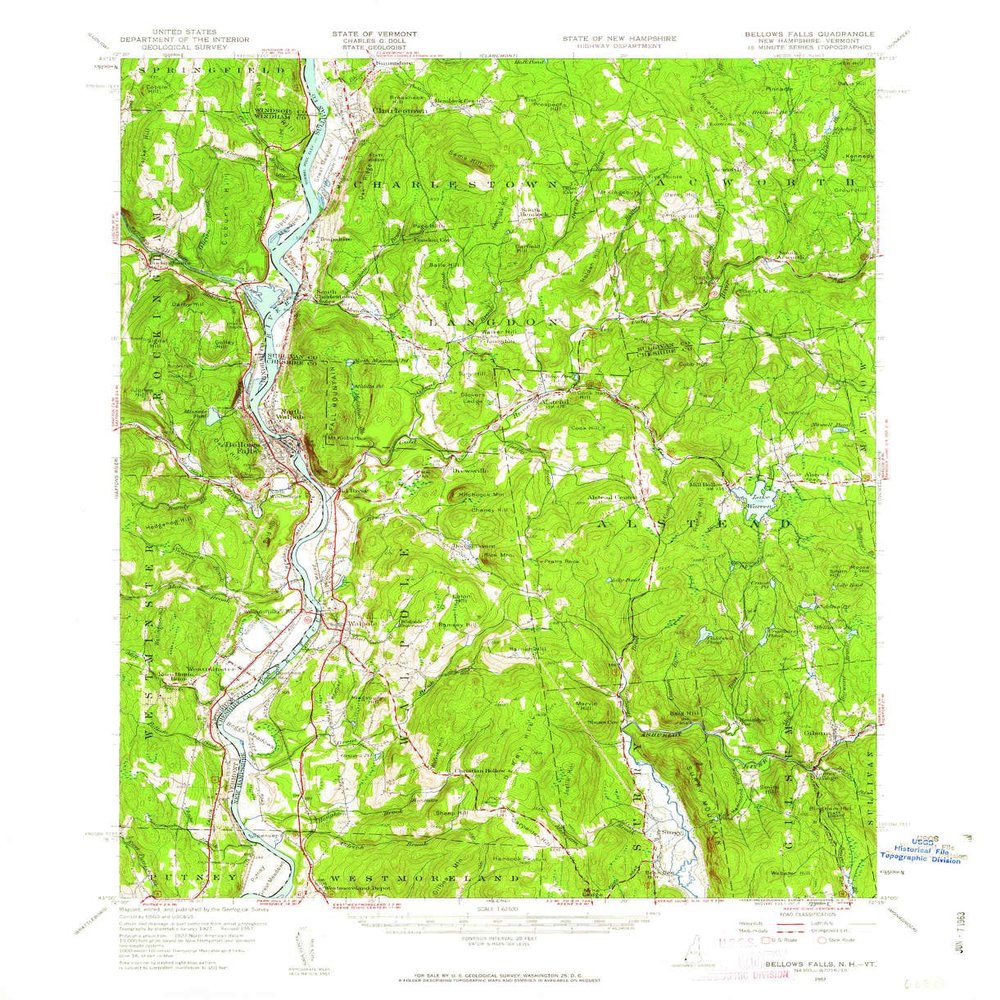 Bellows Falls NH topo map, 1:62500 Scale, 15 X 15 Minute, Historical, 1957, Updated 1963, 20.8 x 17 in - Tyvek