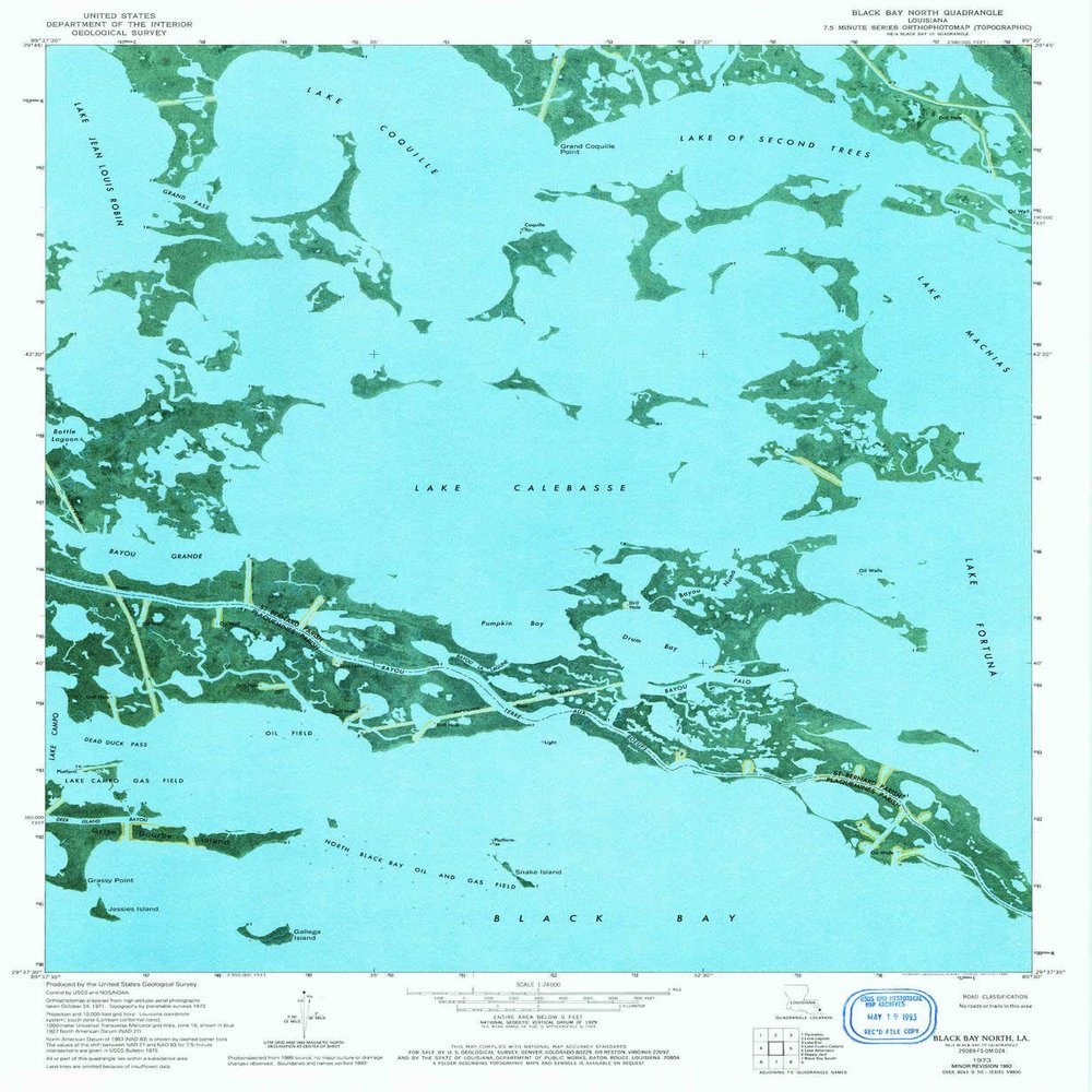 YellowMaps Black Bay North LA topo map, 1:24000 Scale, 7.5 X 7.5 Minute, Historical, 1973, Updated 1992, 26.8 x 22 in - Tyvek