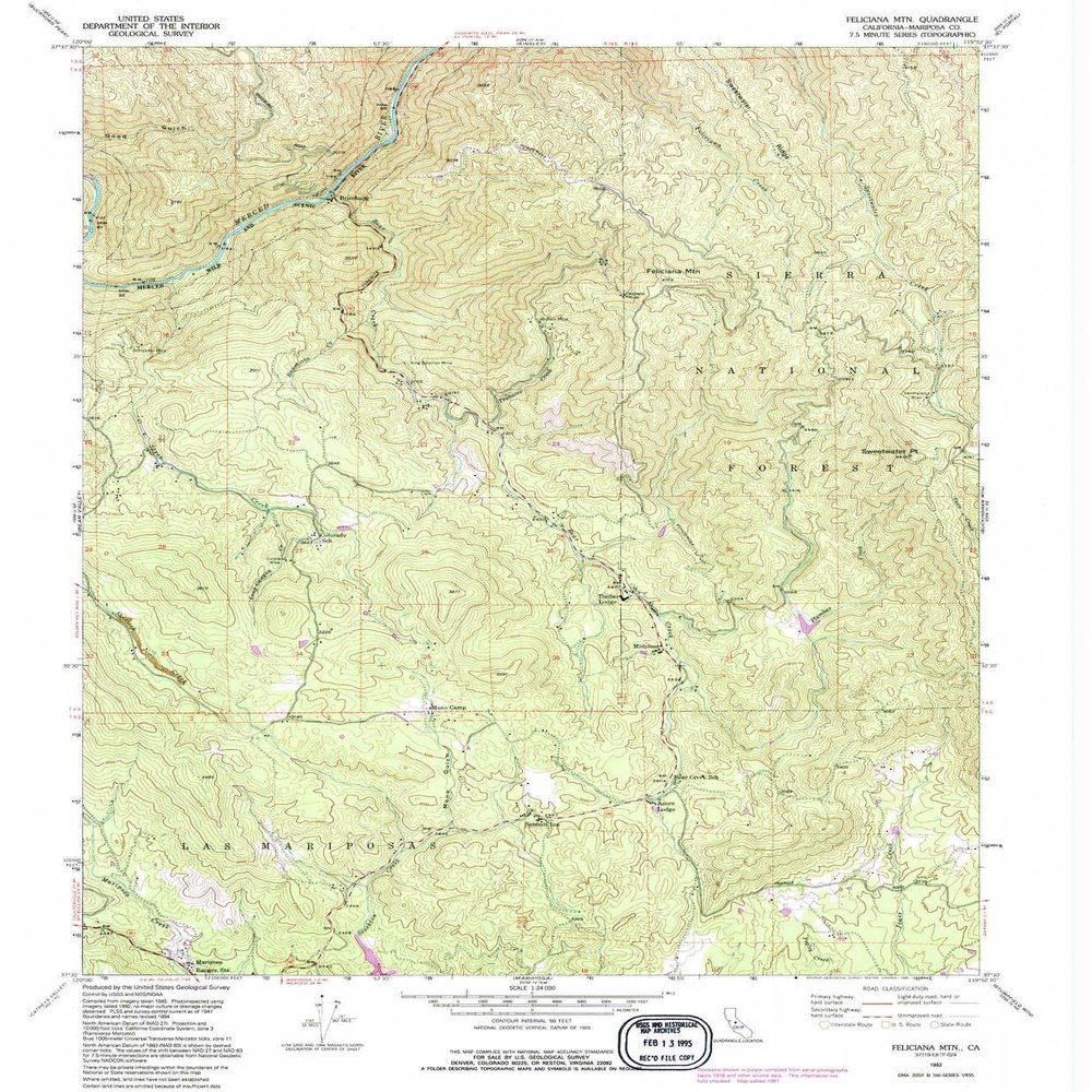 YellowMaps Feliciana MTN CA topo map, 1:24000 Scale, 7.5 X 7.5 Minute, Historical, 1992, Updated 1995, 26.8 x 22.1 in - Polypropylene