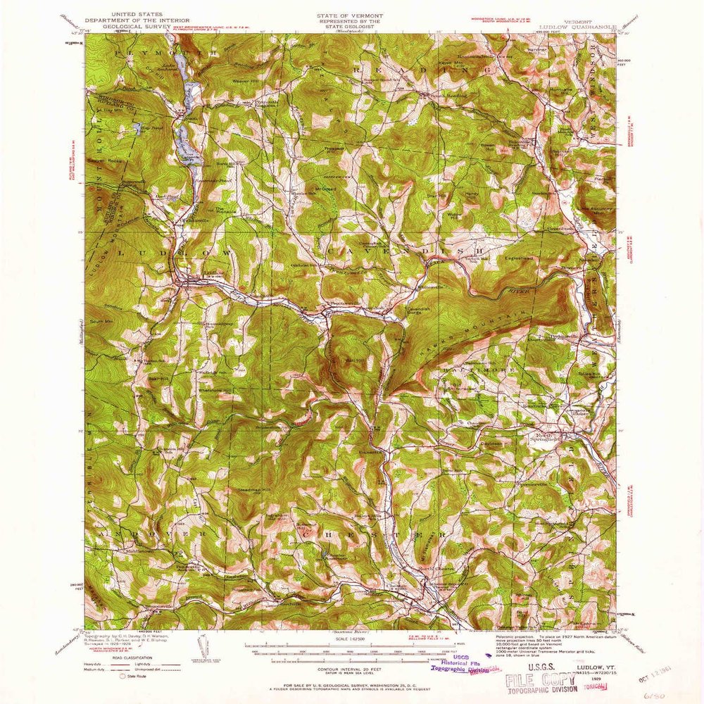Ludlow VT topo map, 1:62500 Scale, 15 X 15 Minute, Historical, 1929, Updated 1961, 20.7 x 16.9 in - Polypropylene