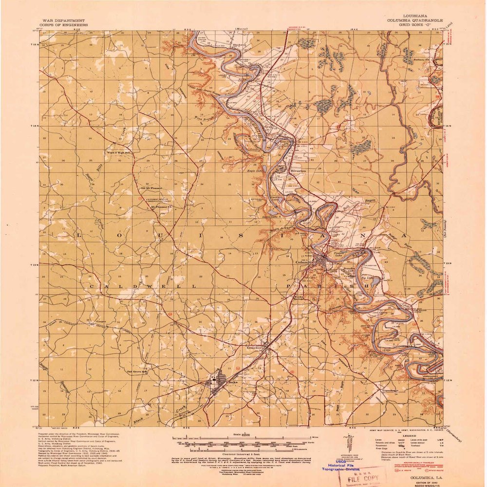 YellowMaps Columbia LA topo map, 1:62500 Scale, 15 X 15 Minute, Historical, 1940, Updated 1945, 21.5 x 17.9 in - Tyvek