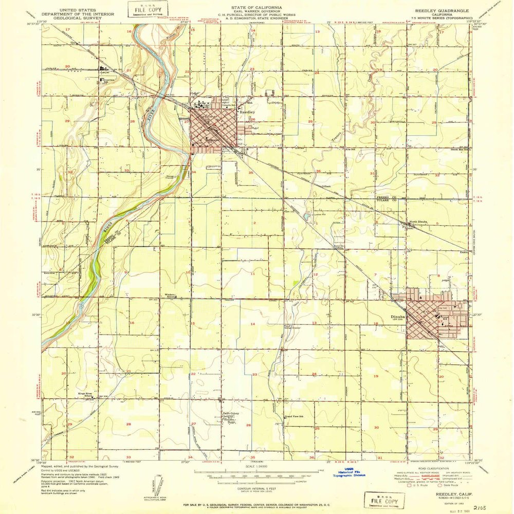 YellowMaps Reedley CA topo map, 1:24000 Scale, 7.5 X 7.5 Minute, Historical, 1951, 26.8 x 21.9 in - Polypropylene