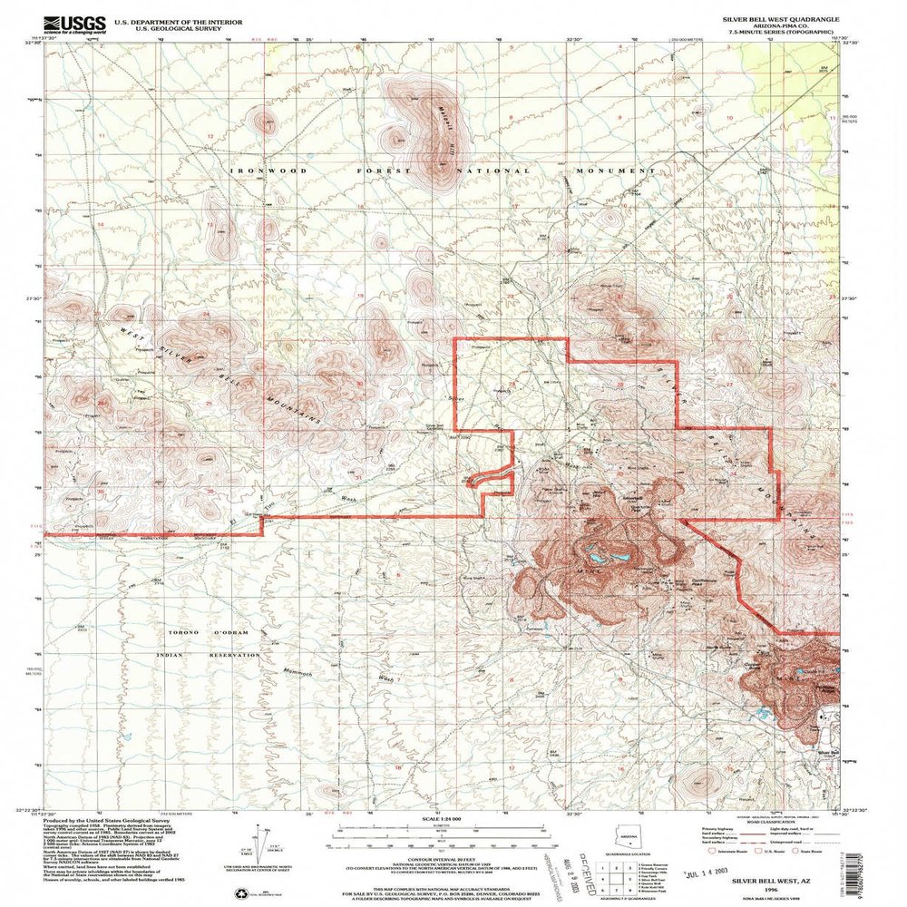 Silver Bell West AZ topo map, 1:24000 Scale, 7.5 X 7.5 Minute, Historical, 1996, Updated 2003, 26.9 x 22 in - Polypropylene