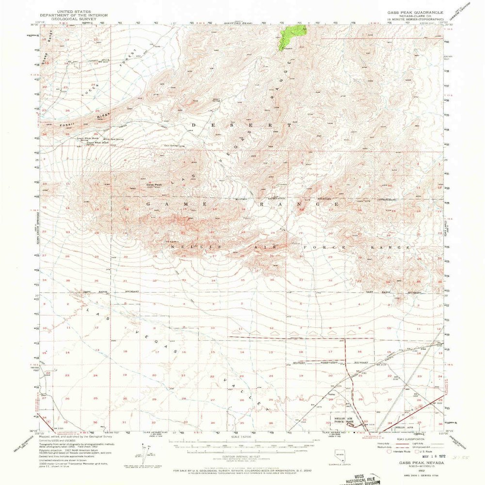 YellowMaps Gass Peak NV topo map, 1:62500 Scale, 15 X 15 Minute, Historical, 1952, Updated 1972, 20.9 x 17 in - Polypropylene