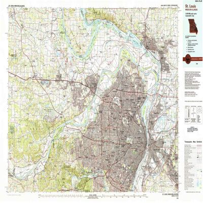 YellowMaps St Louis MO topo map, 1:100000 Scale, 30 X 60 Minute, Historical, 1985, Updated 1988, 24.2 x 40.9 in - Polypropylene