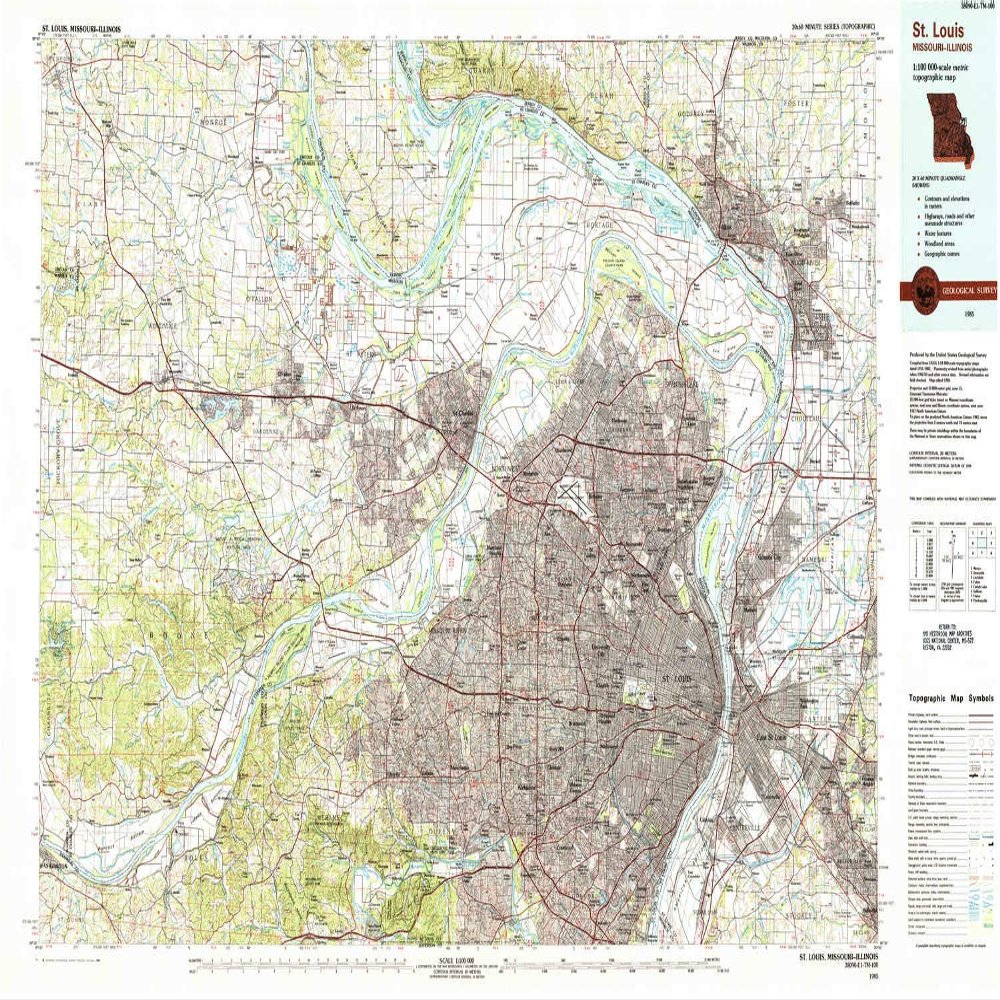 YellowMaps St Louis MO topo map, 1:100000 Scale, 30 X 60 Minute, Historical, 1985, Updated 1988, 24.2 x 40.9 in - Polypropylene