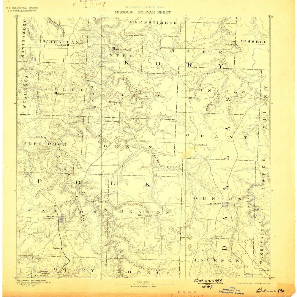 YellowMaps Bolivar MO topo map, 1:125000 Scale, 30 X 30 Minute, Historical, 1892, Updated 1898, 19.9 x 16.3 in - Tyvek