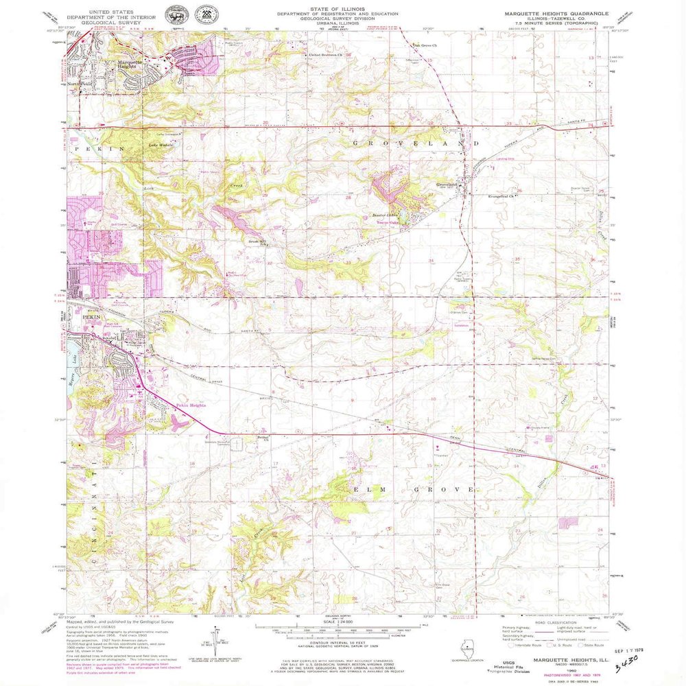 YellowMaps Marquette Heights IL topo map, 1:24000 Scale, 7.5 X 7.5 Minute, Historical, 1960, Updated 1979, 26.8 x 22 in - Polypropylene