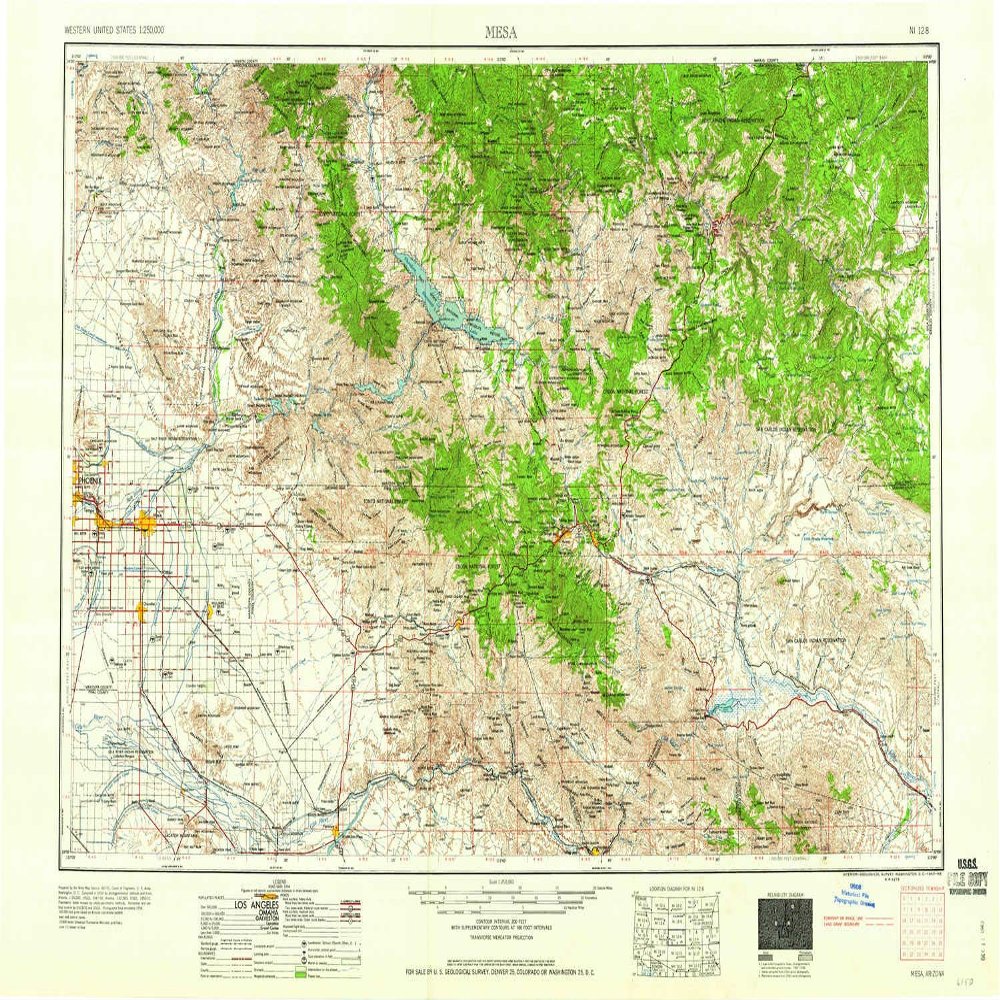 YellowMaps Mesa AZ topo map, 1:250000 Scale, 1 X 2 Degree, Historical, 1960, Updated 1960, 22.1 x 34.1 in - Polypropylene