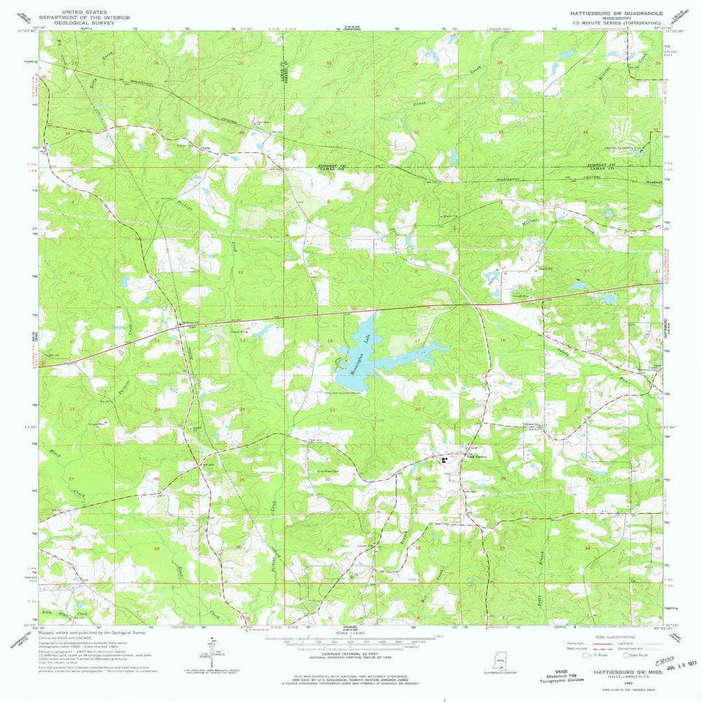 YellowMaps Hattiesburg SW MS topo map, 1:24000 Scale, 7.5 X 7.5 Minute, Historical, 1965, Updated 1977, 26.9 x 21.9 in - Tyvek