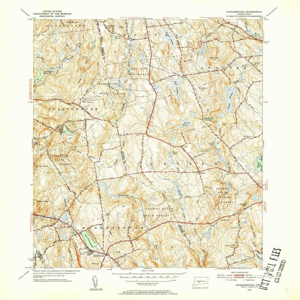 YellowMaps Marlborough CT topo map, 1:31680 Scale, 7.5 X 7.5 Minute, Historical, 1953, Updated 1954, 20.9 x 16.9 in - Polypropylene