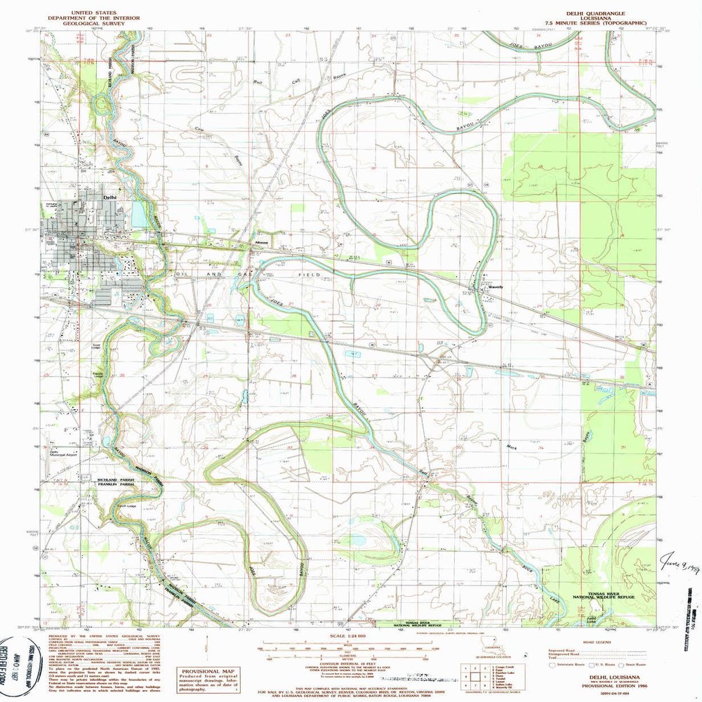 YellowMaps Delhi LA topo map, 1:24000 Scale, 7.5 X 7.5 Minute, Historical, 1986, Updated 1987, 26.8 x 22 in - Polypropylene