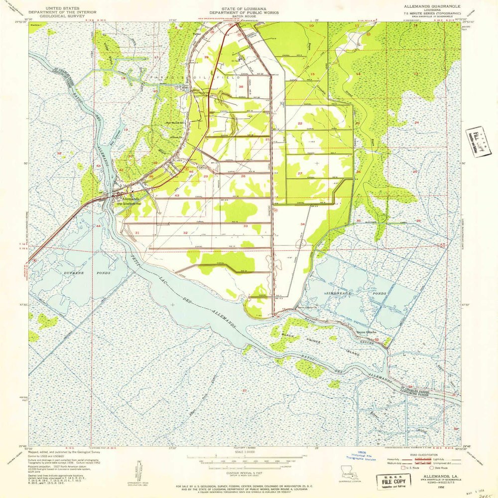 YellowMaps Allemands LA topo map, 1:24000 Scale, 7.5 X 7.5 Minute, Historical, 1952, Updated 1953, 26.7 x 22.8 in - Polypropylene