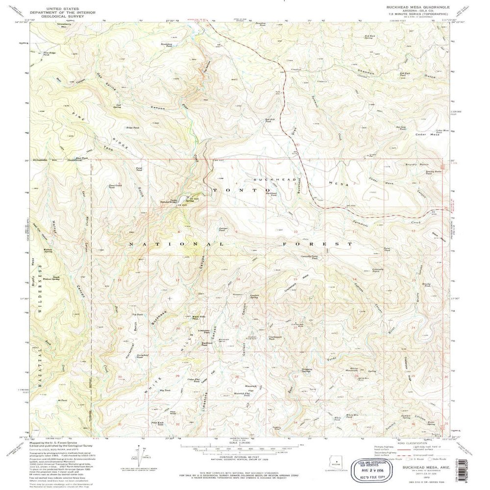 YellowMaps Buckhead Mesa AZ topo map, 1:24000 Scale, 7.5 X 7.5 Minute, Historical, 1973, Updated 1986, 26.9 x 22 in - Polypropylene