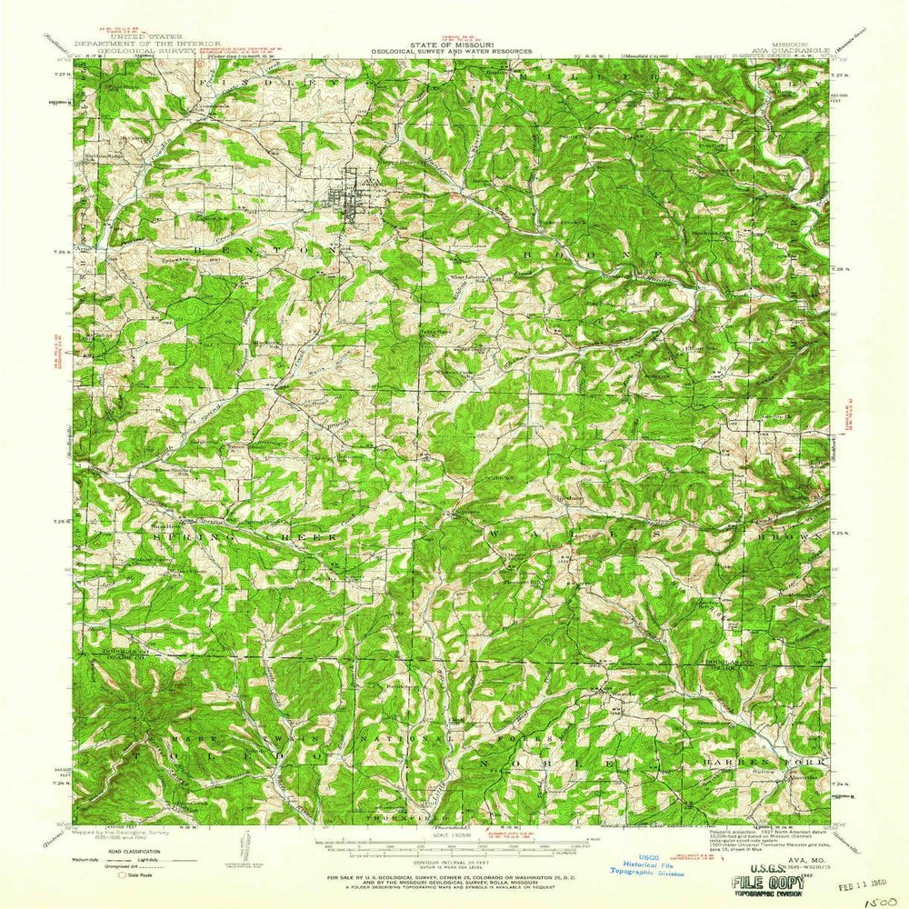 YellowMaps Ava MO topo map, 1:62500 Scale, 15 X 15 Minute, Historical, 1942, Updated 1960, 20.7 x 16.9 in - Tyvek
